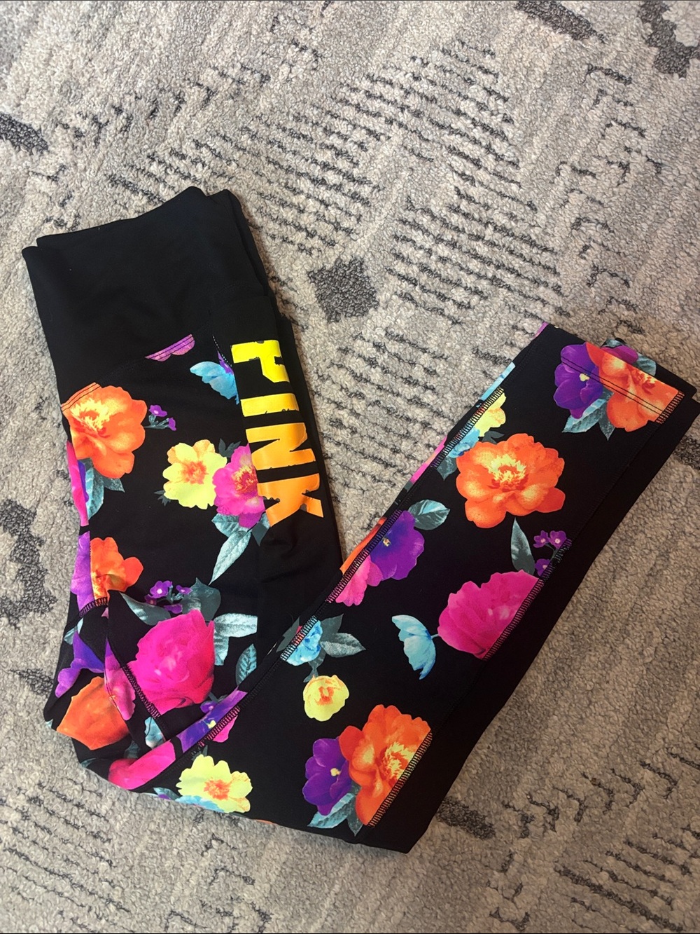 PINK Victoria's Secret Black Floral Print Girls' Leggings with Neon Logo